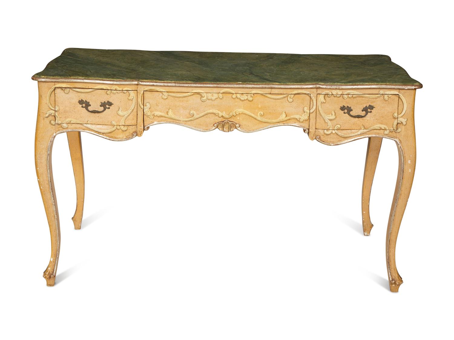 An Italian Painted and Parcel Gilt Writing Table with Faux Marble Top