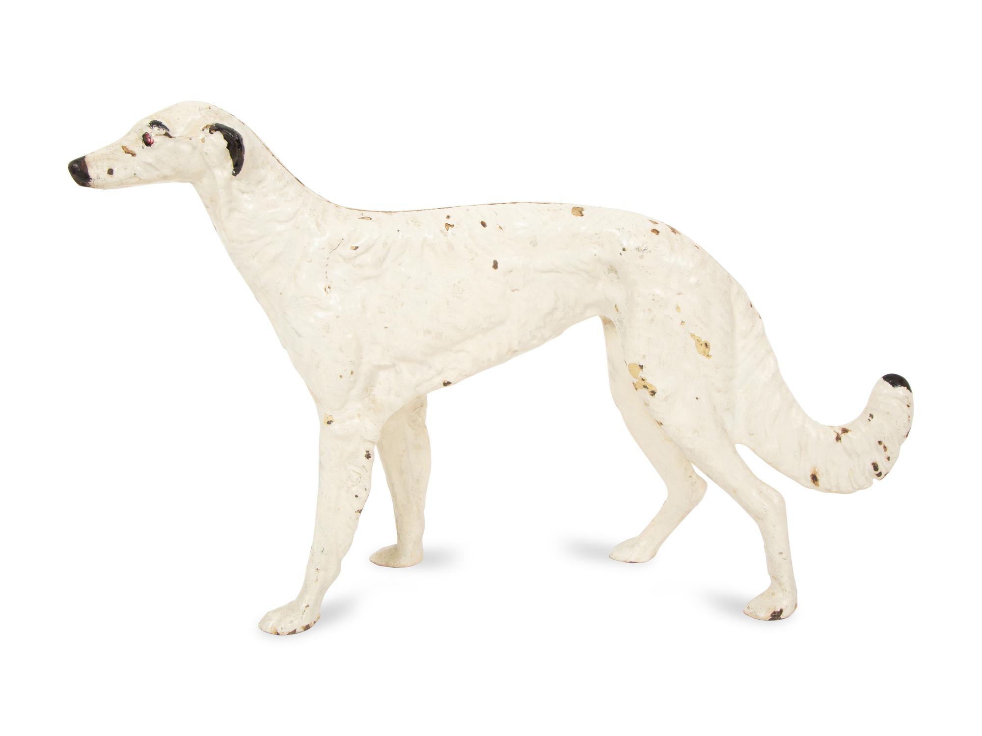 A Victorian Painted Iron Greyhound Doorstop and a Painted Wood Basket Doorstop