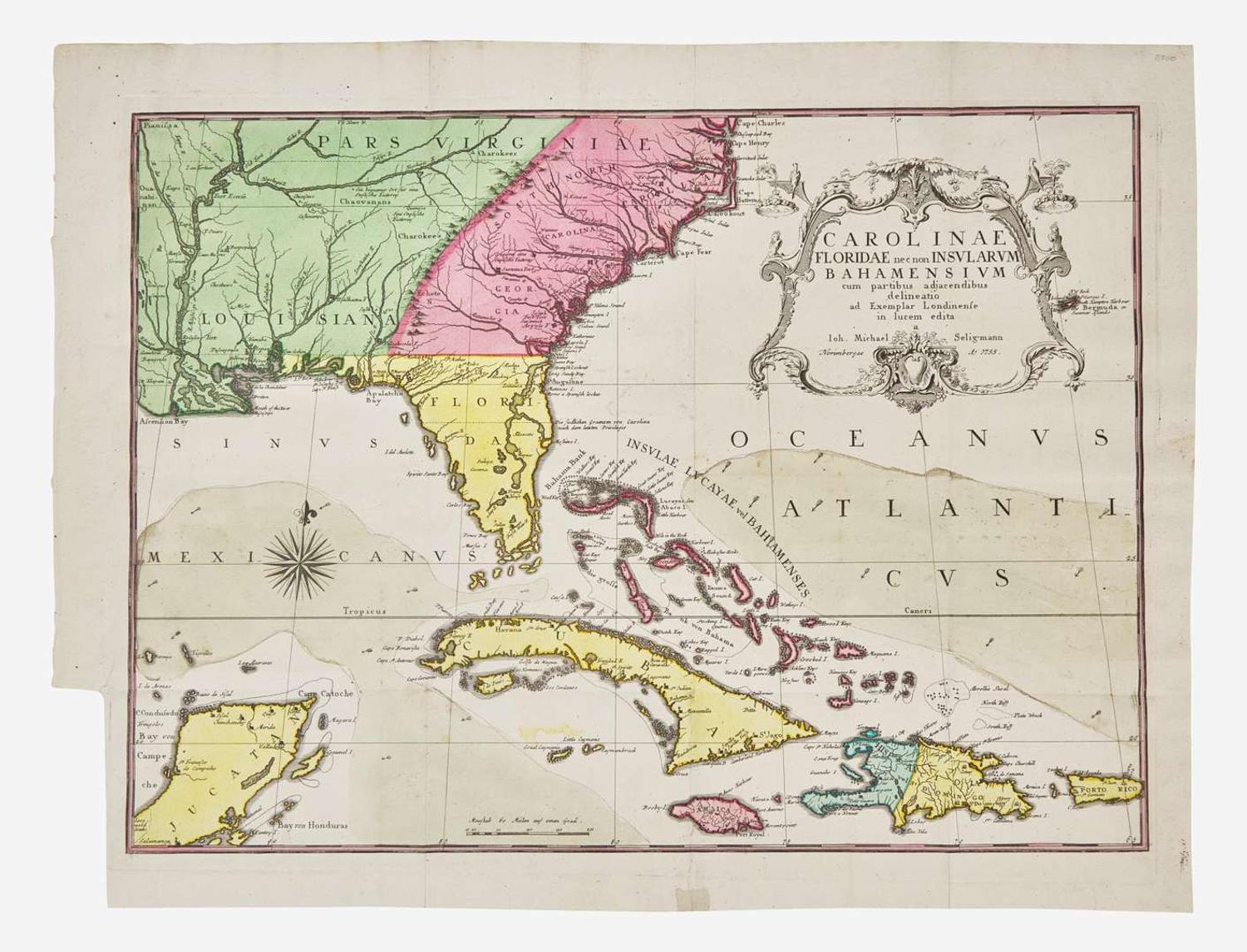 [Maps & Atlases] (Catesby, Mark, and Johan Michael Seligmann): Carolinae Floridae nec non Insularum Bahamensium...