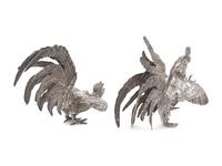A Pair of German Silver Figures of Fighting Cockerels
