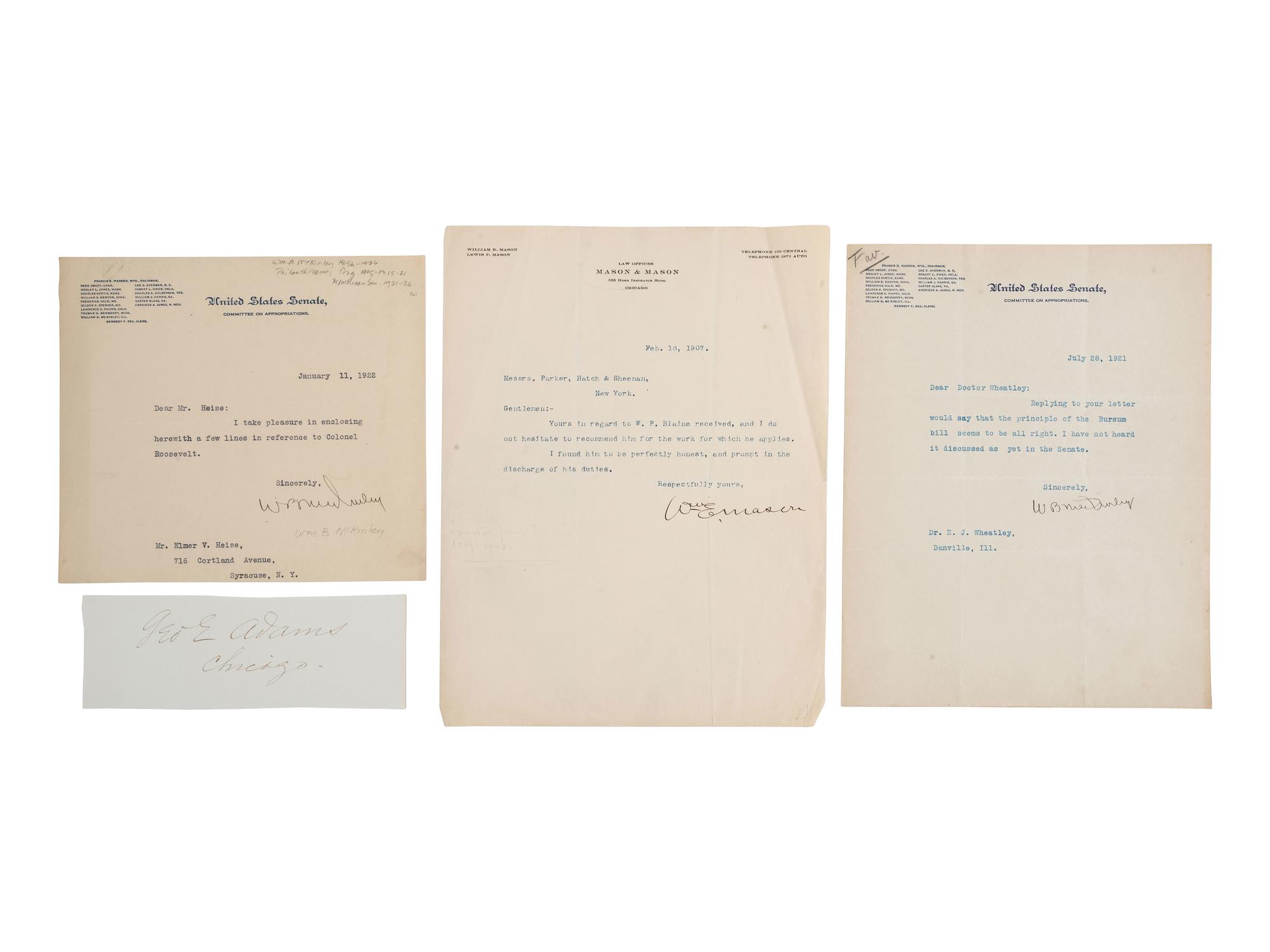 [ILLINOIS] Autographs and ephemera related to Illinois politicians and other influential figures.