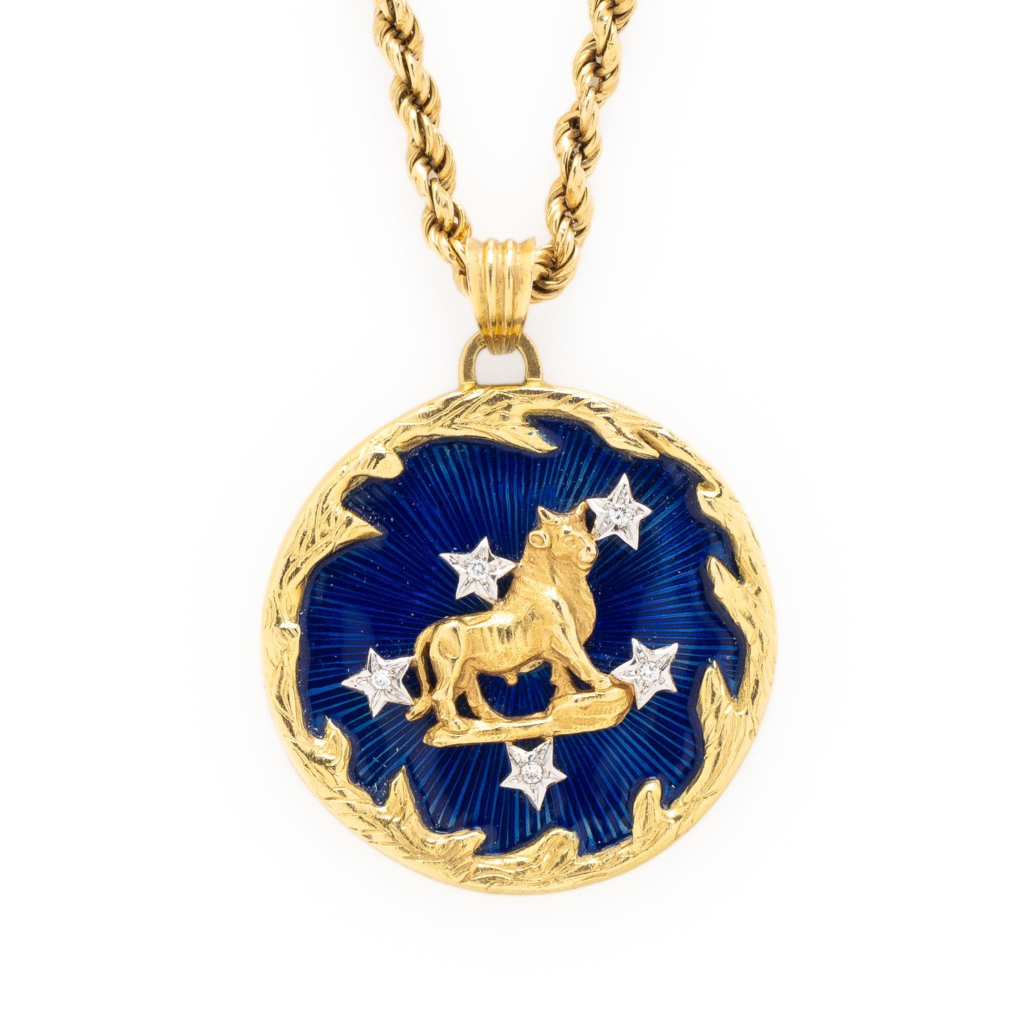 YELLOW GOLD, DIAMOND, AND ENAMEL TAURUS ZODIAC PENDANT NECKLACE
