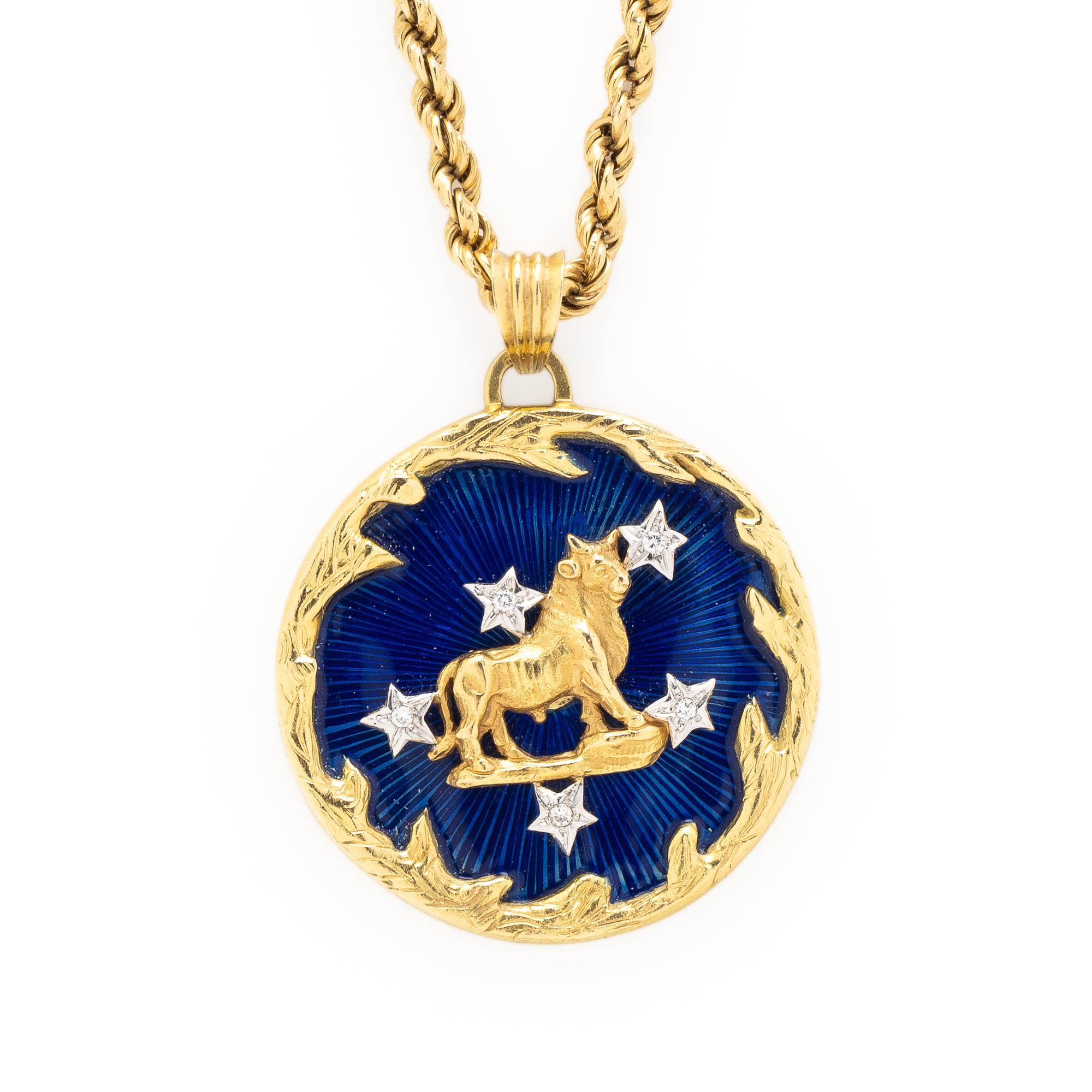 YELLOW GOLD, DIAMOND, AND ENAMEL TAURUS ZODIAC PENDANT NECKLACE