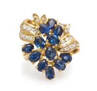 A 14 Karat Yellow Gold, Sapphire and Diamond Spray Ring, 6.55 dwts.