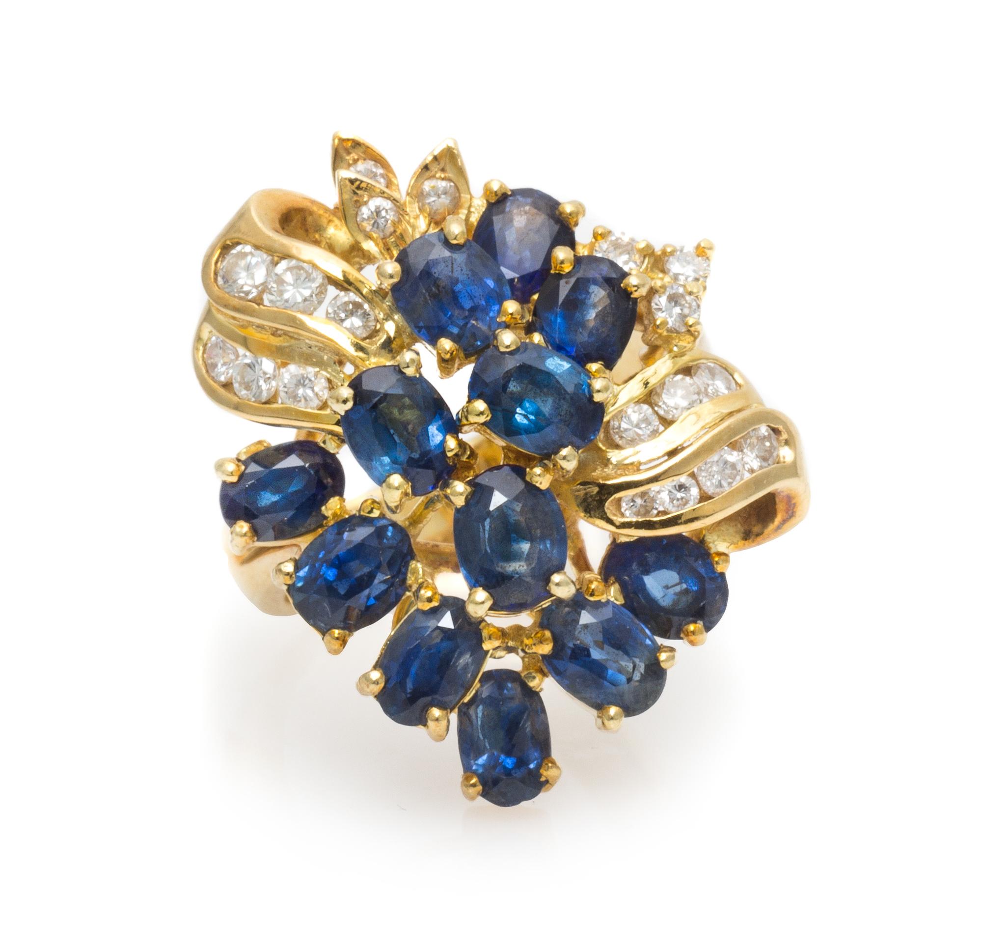 A 14 Karat Yellow Gold, Sapphire and Diamond Spray Ring, 6.55 dwts.