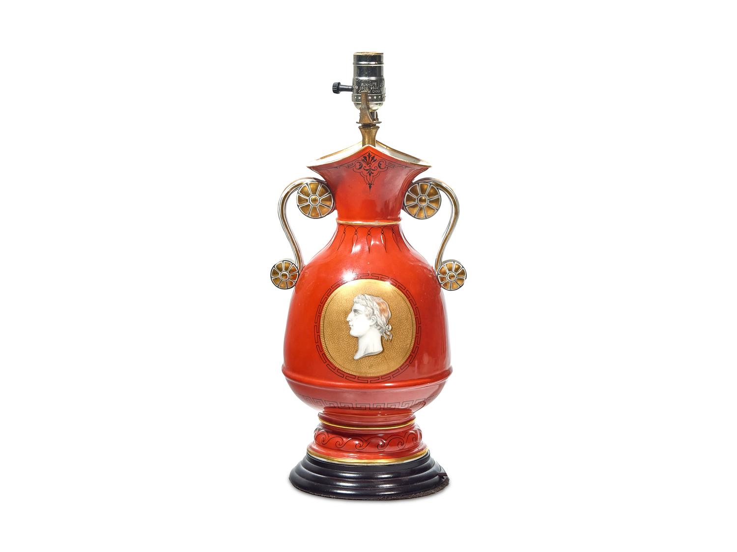 A Continental Parcel-Gilt Etruscan Decorated Porcelain Lamp