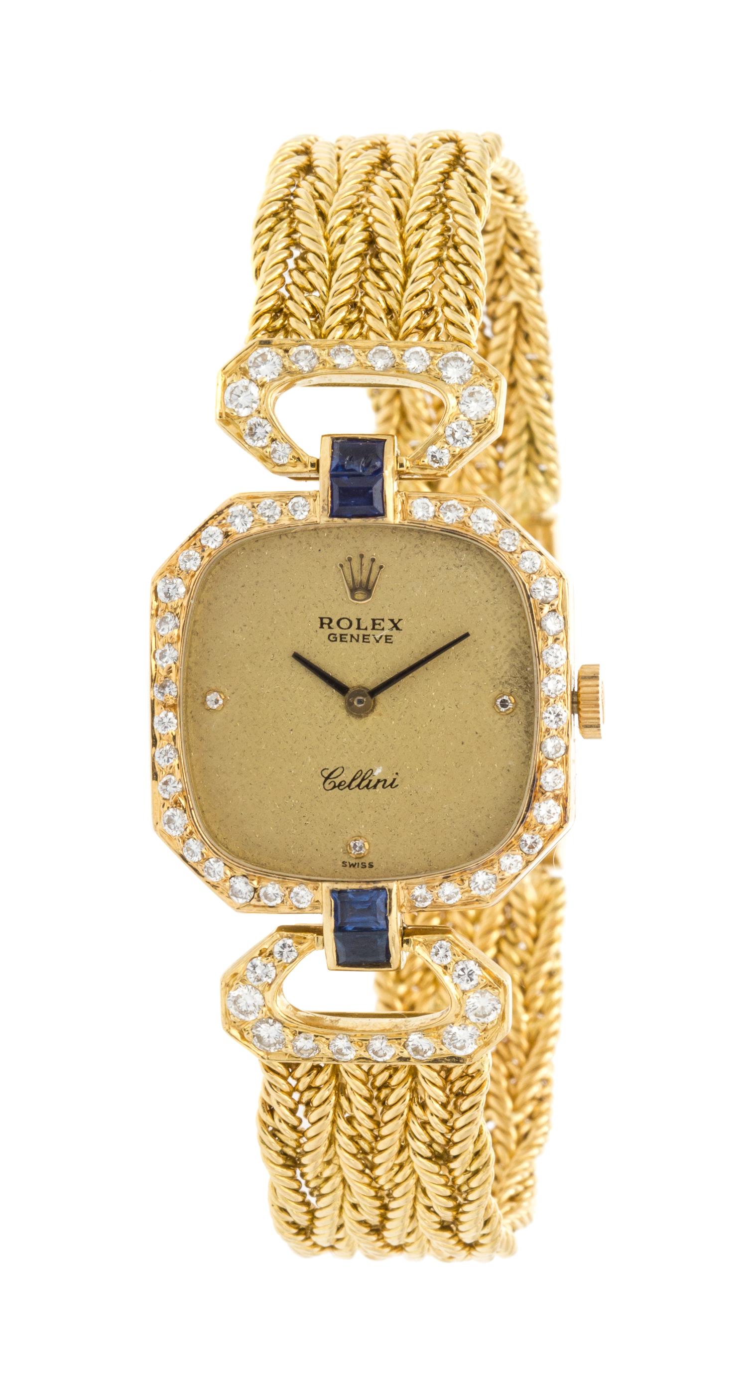 An 18 Karat Yellow Gold, Sapphire and Diamond Cellini Wristwatch, Rolex, 32.30 dwts.