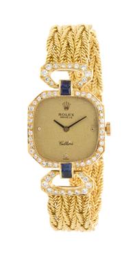 An 18 Karat Yellow Gold, Sapphire and Diamond Cellini Wristwatch, Rolex, 32.30 dwts.