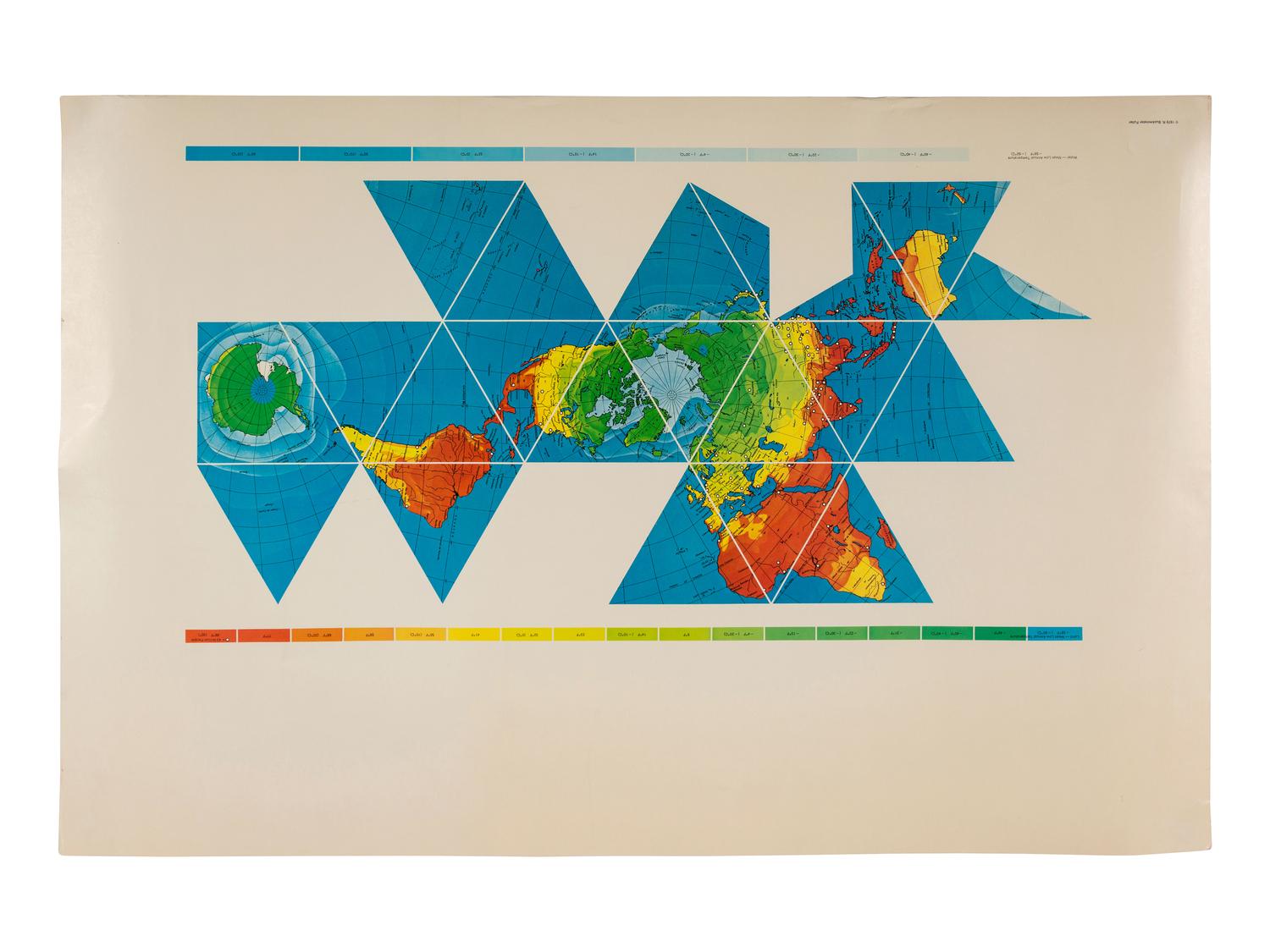 FULLER, R. Buckminster (1895-1983). A collection of 6 Dymaxion map posters, one SIGNED by Fuller and one with notations in his hand.