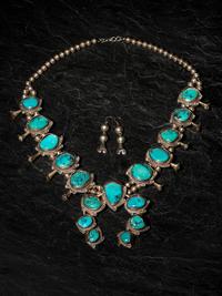Silver and Turquoise Squash Blossom Necklace, PLUS Hook Earrings
