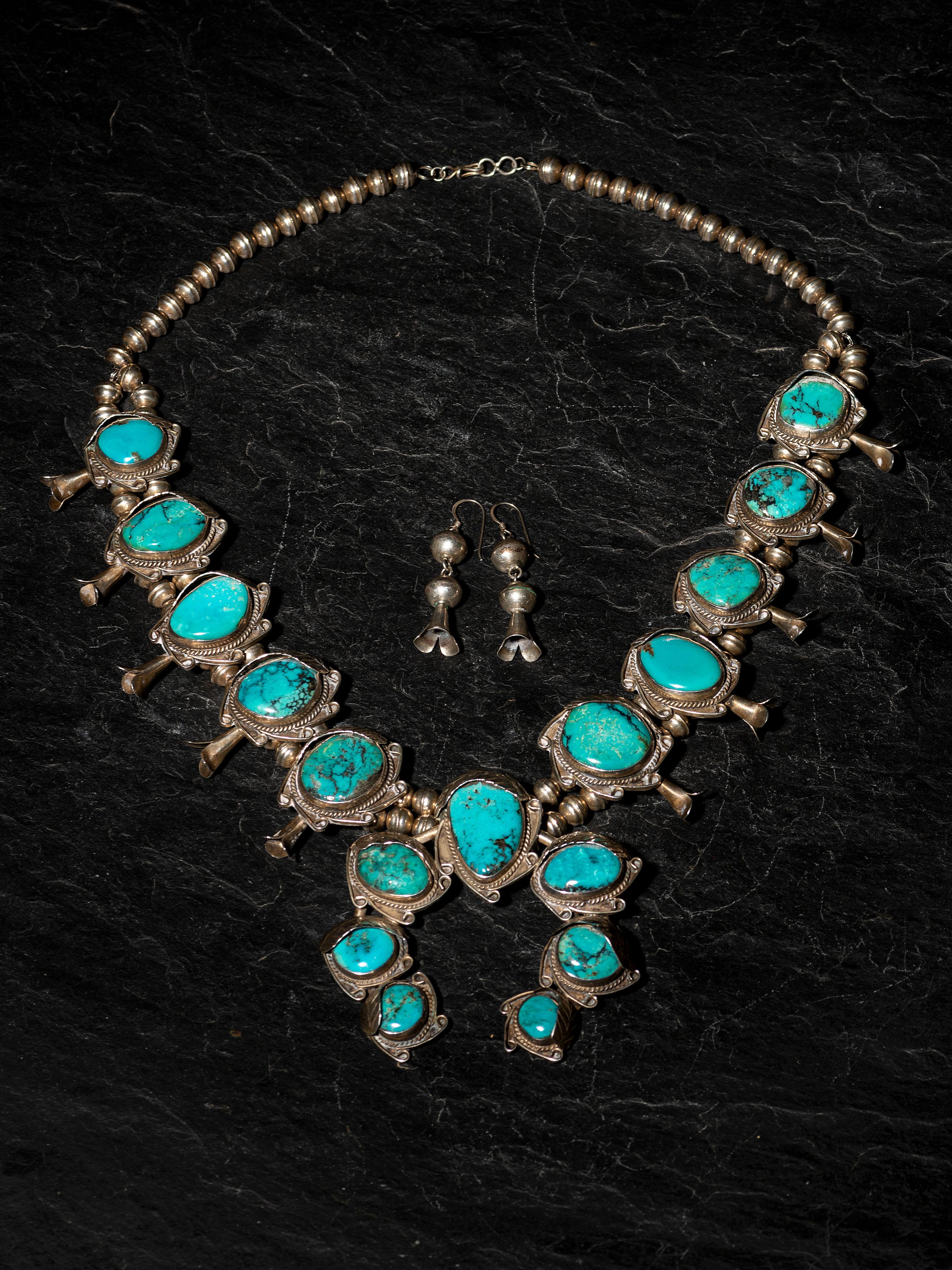 Silver and Turquoise Squash Blossom Necklace, PLUS Hook Earrings