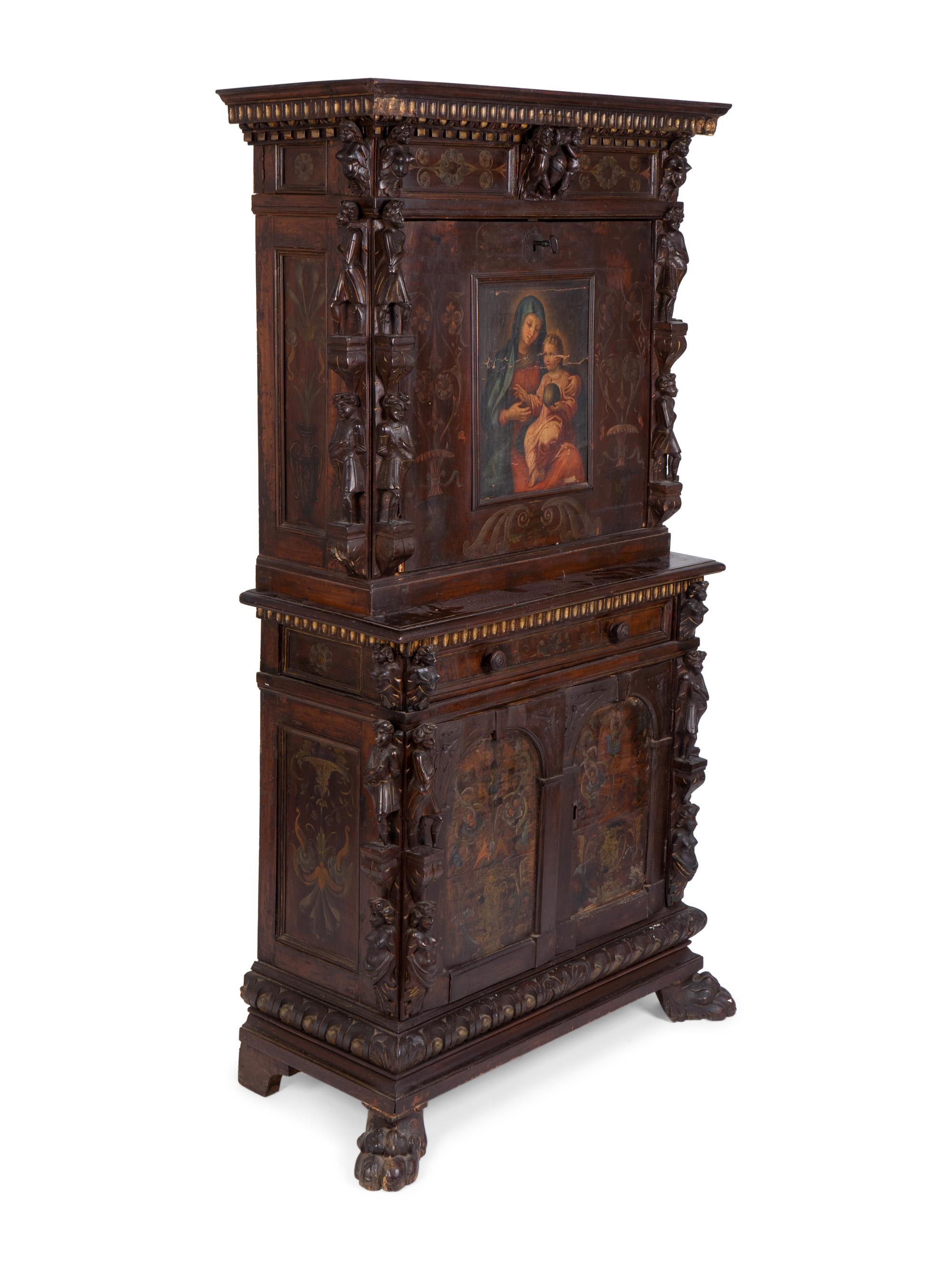 A Spanish Colonial Style Carved Oak and Painted Vargueno Cabinet on Base — 19TH CENTURY