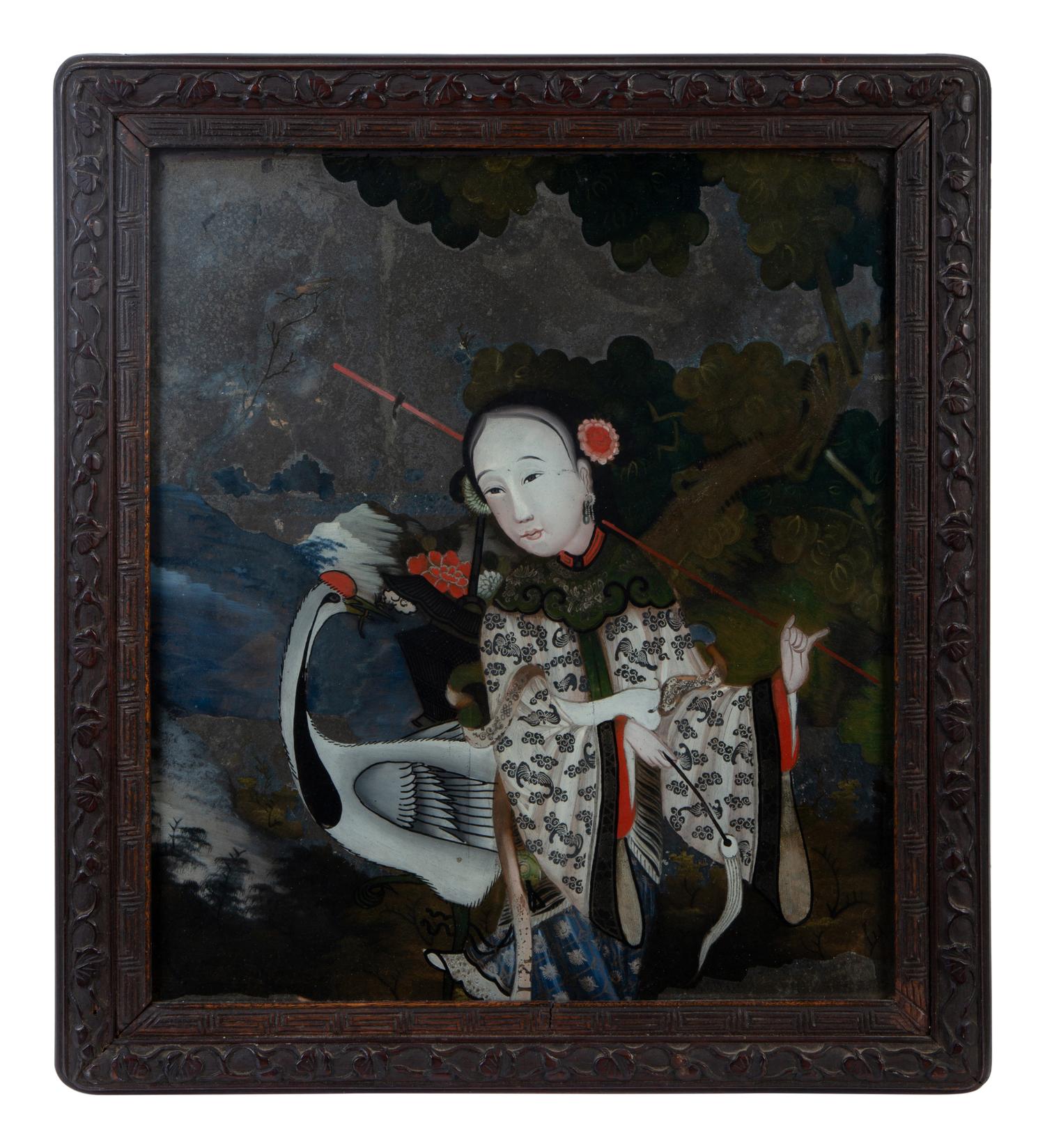 A Chinese Export Reverse Painted Glass Mirror — 20TH CENTURY