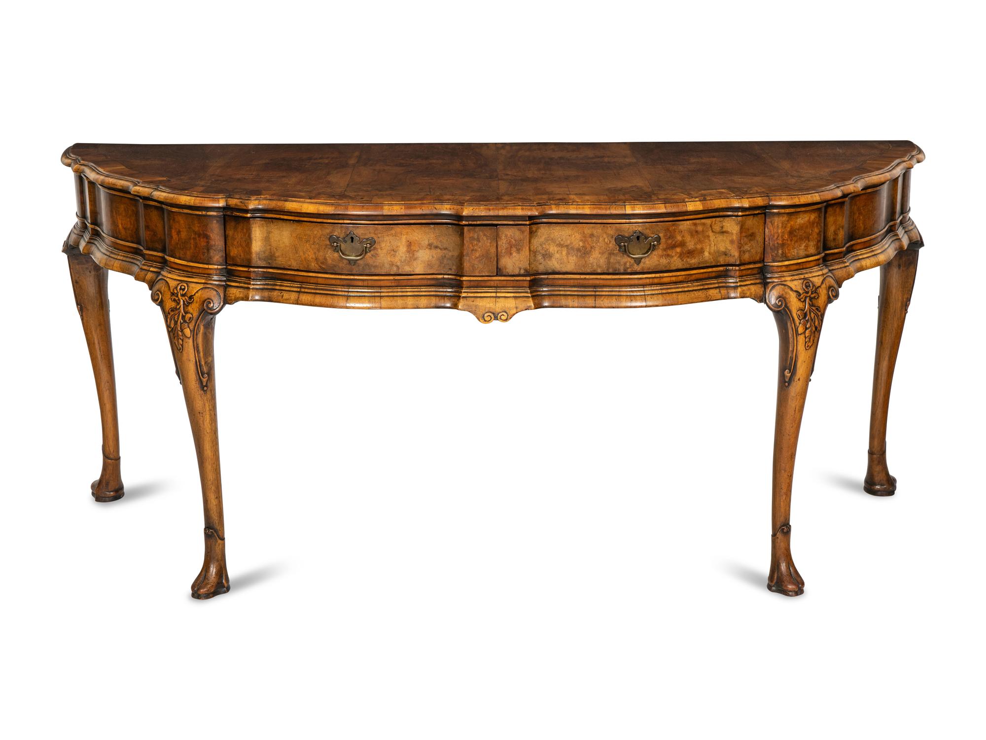 A Large Queen Anne Style Burl Walnut Demilune Console Table