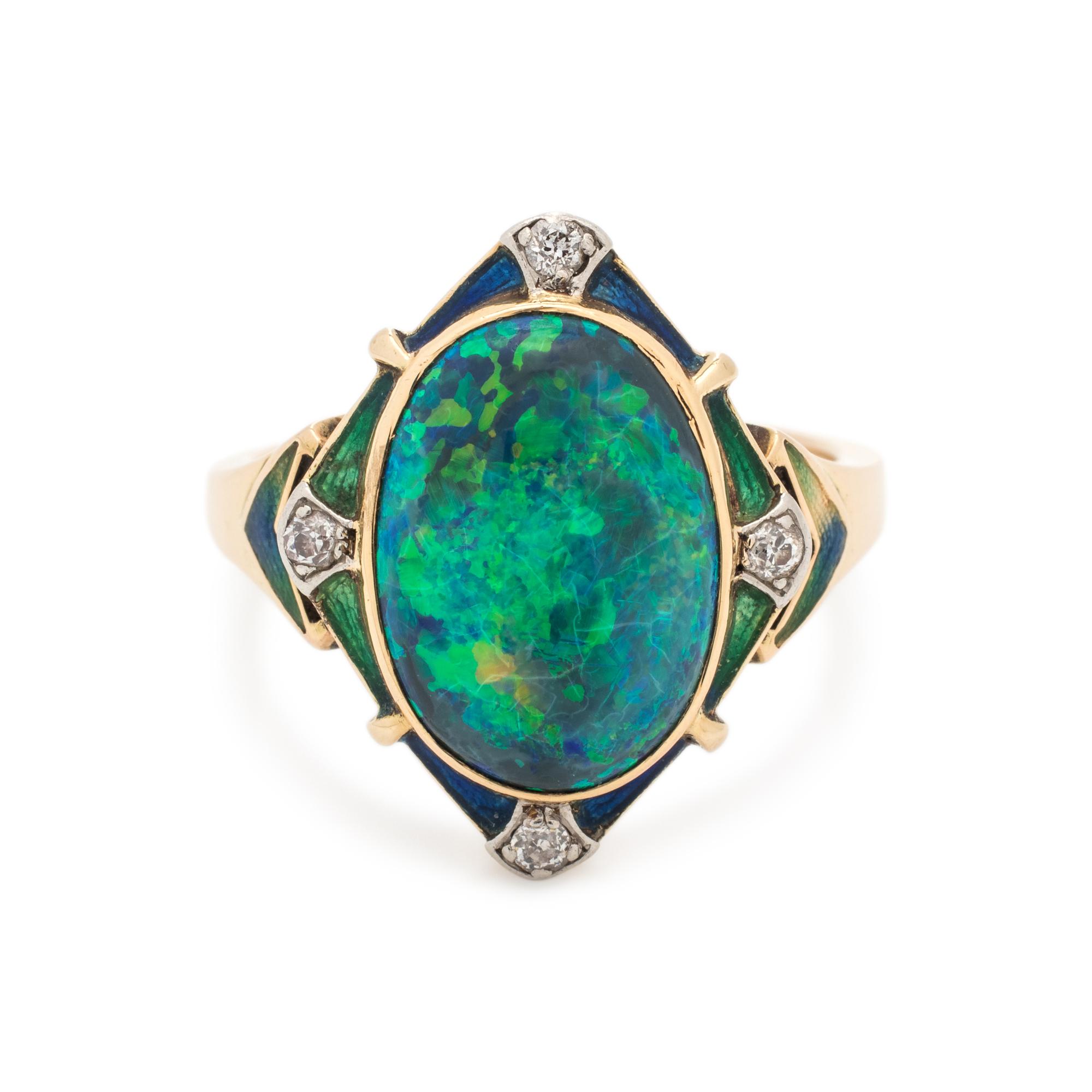 BLACK OPAL, DIAMOND AND ENAMEL RING