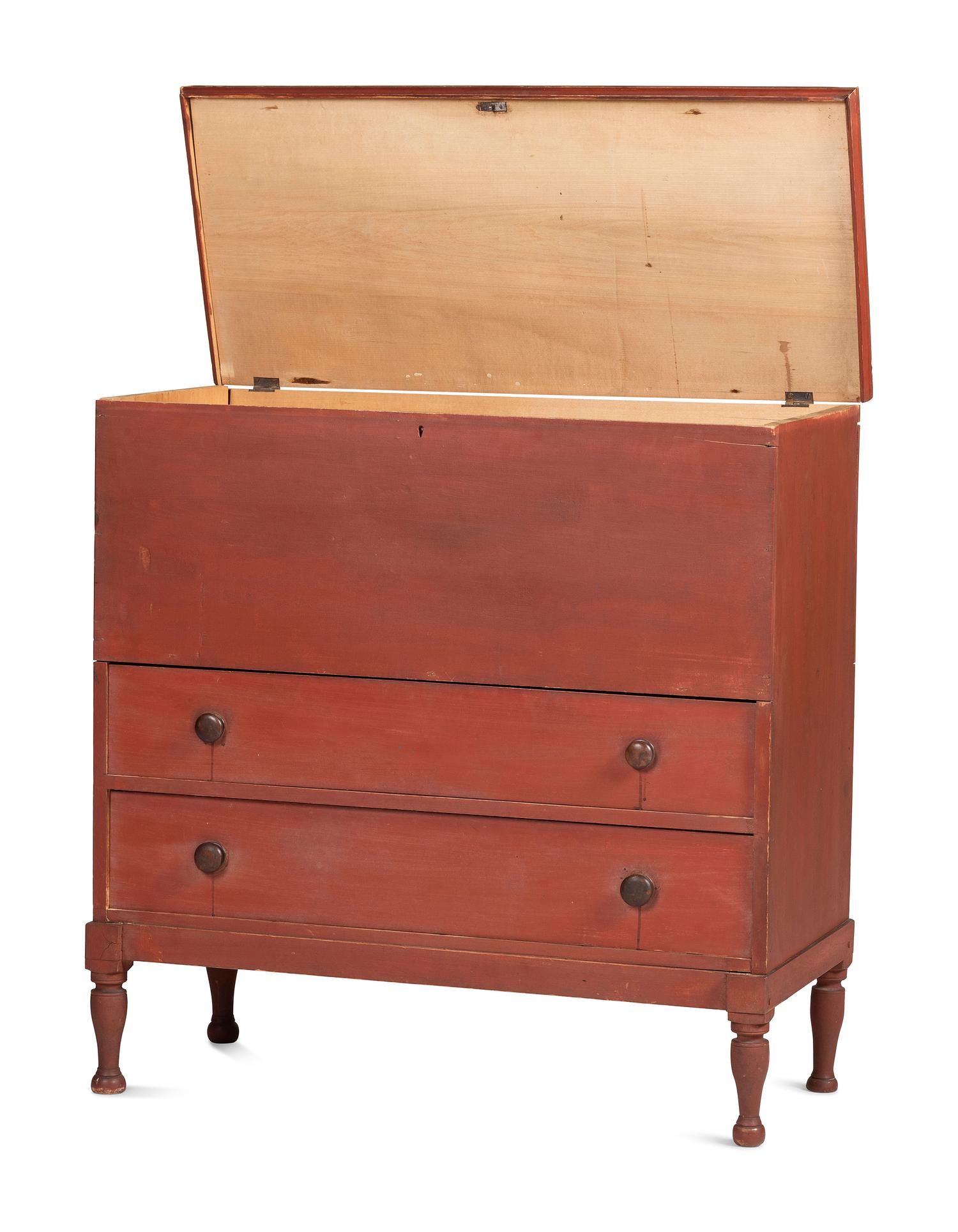 A Country Federal Red Painted Pine and Maple Two-Drawer Blanket Chest