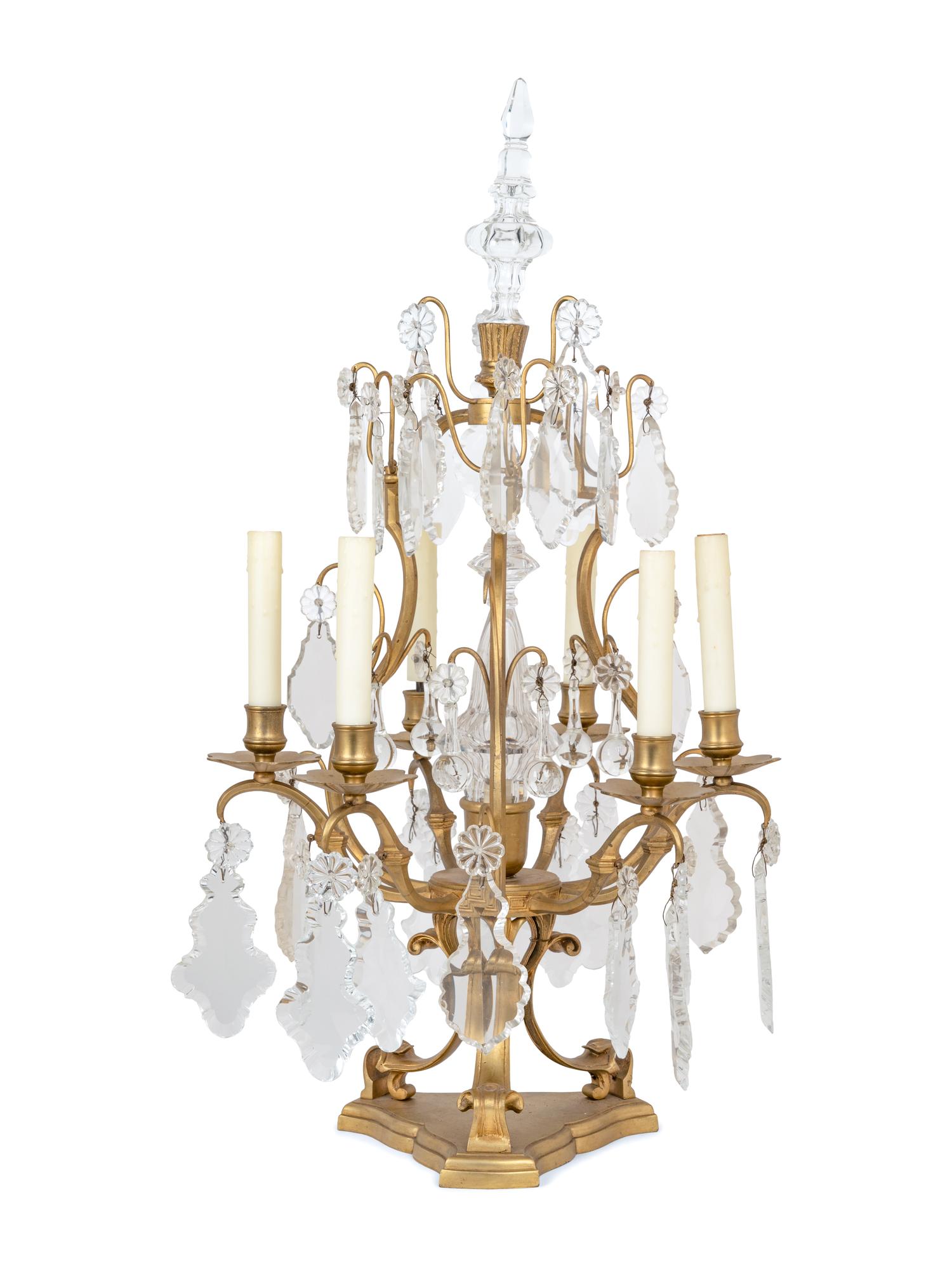 A Pair of French Gilt Metal Six-Light Candelabra Converted to Electricity