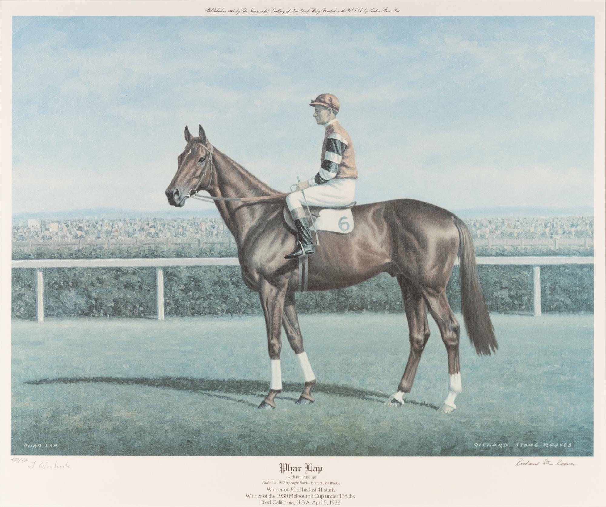 A Phar Lap Limited Edition Richard Stone Reeves Print Signed by Trainer Tommy Woodcock,