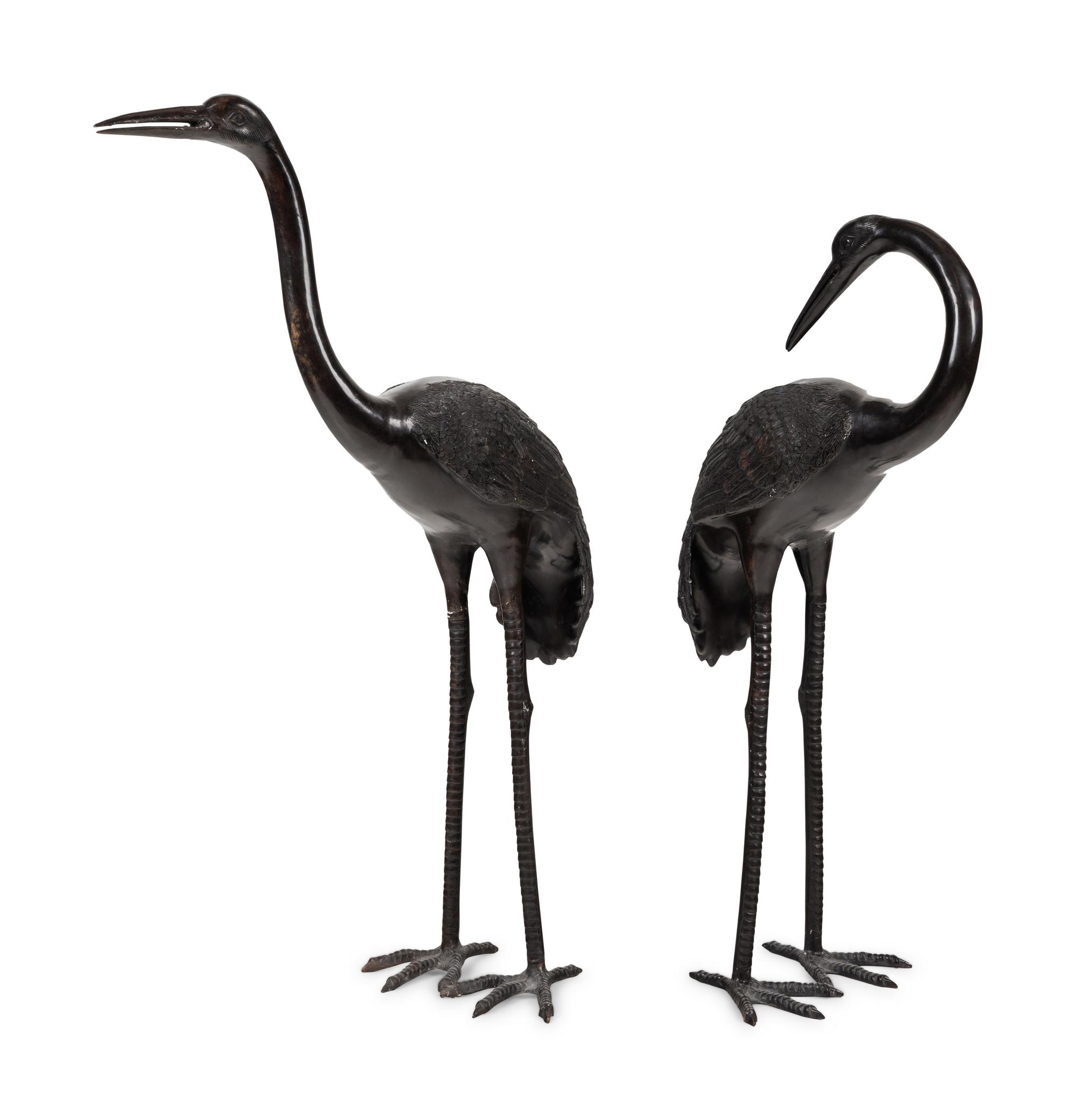 A Large Japanese Bronze Group of Two Cranes