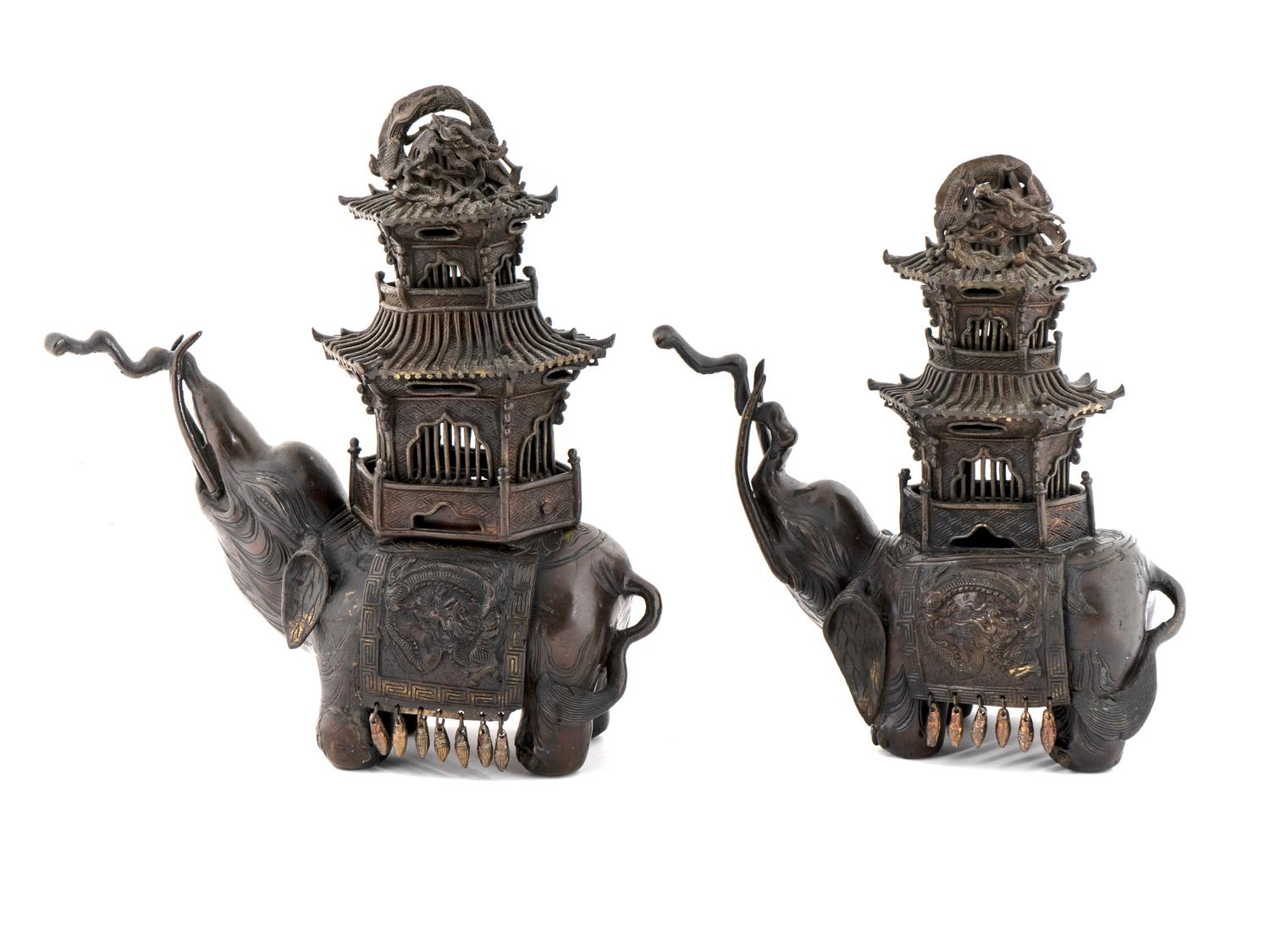 Two Chinese Bronze Elephant Pagoda Censers — 19TH CENTURY