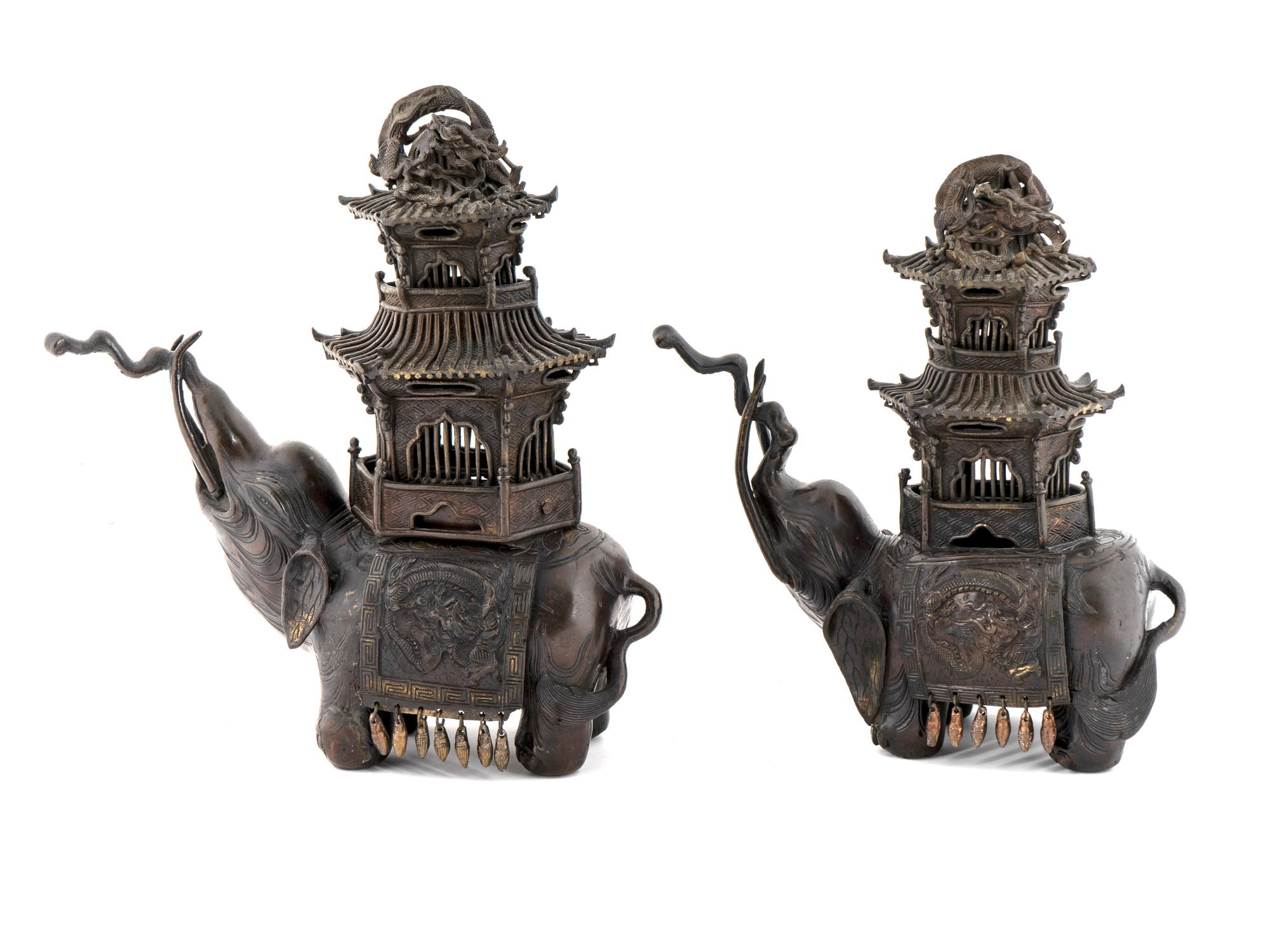 Two Chinese Bronze Elephant Pagoda Censers — 19TH CENTURY