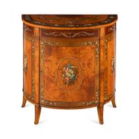 An Edwardian Mahogany, Satinwood and Polychrome Painted Demilune Cabinet