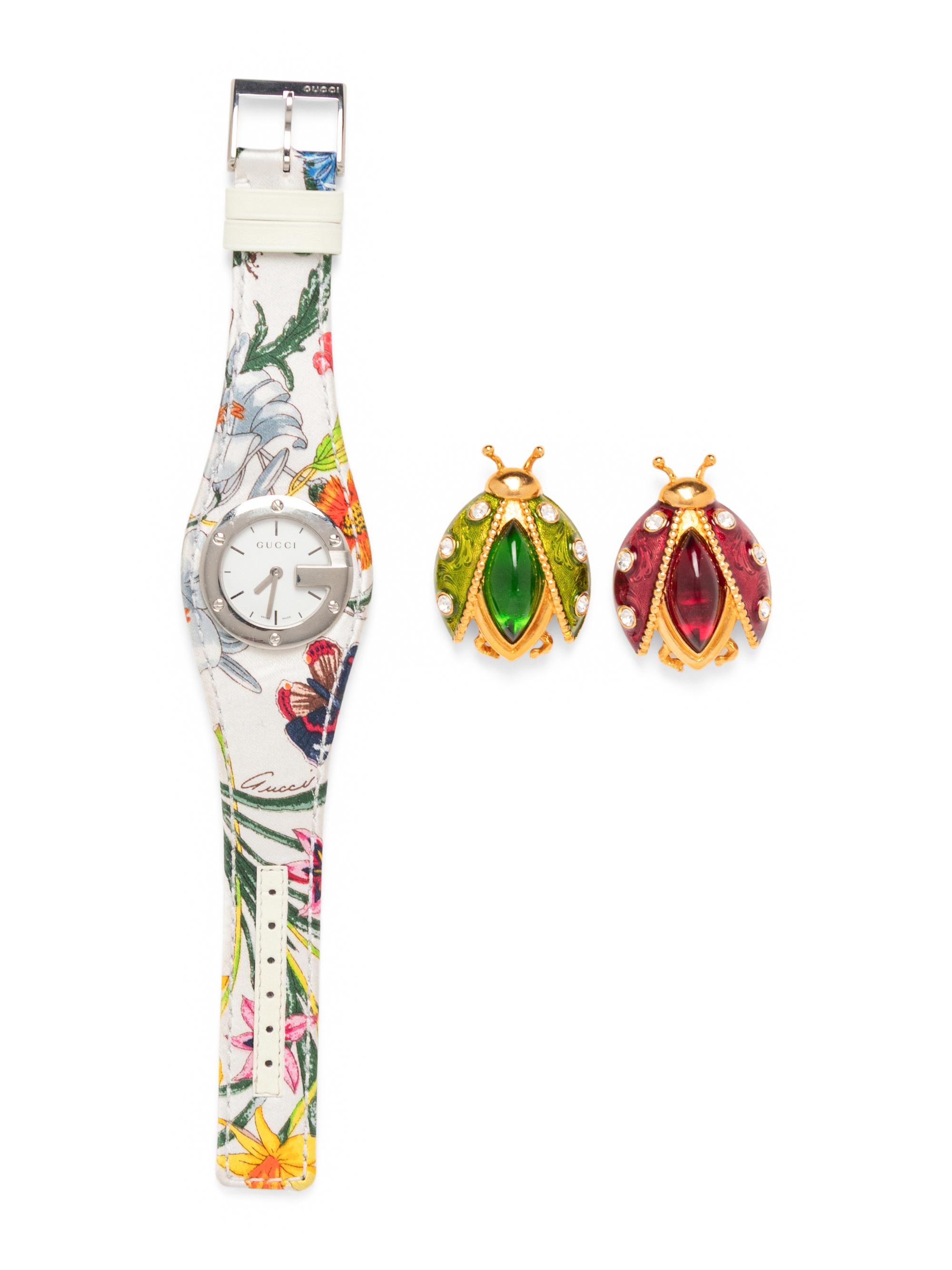 Christian Dior & Gucci, Two Brooches & Flora Watch