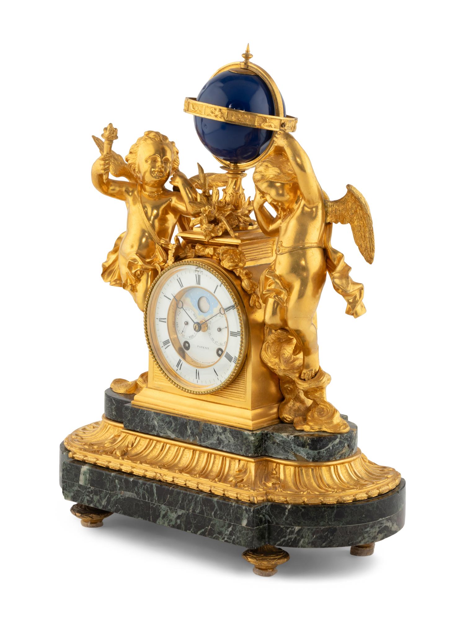 A Continental Gilt Bronze and Marble Figural Mantel Clock