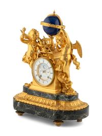 A Continental Gilt Bronze and Marble Figural Mantel Clock