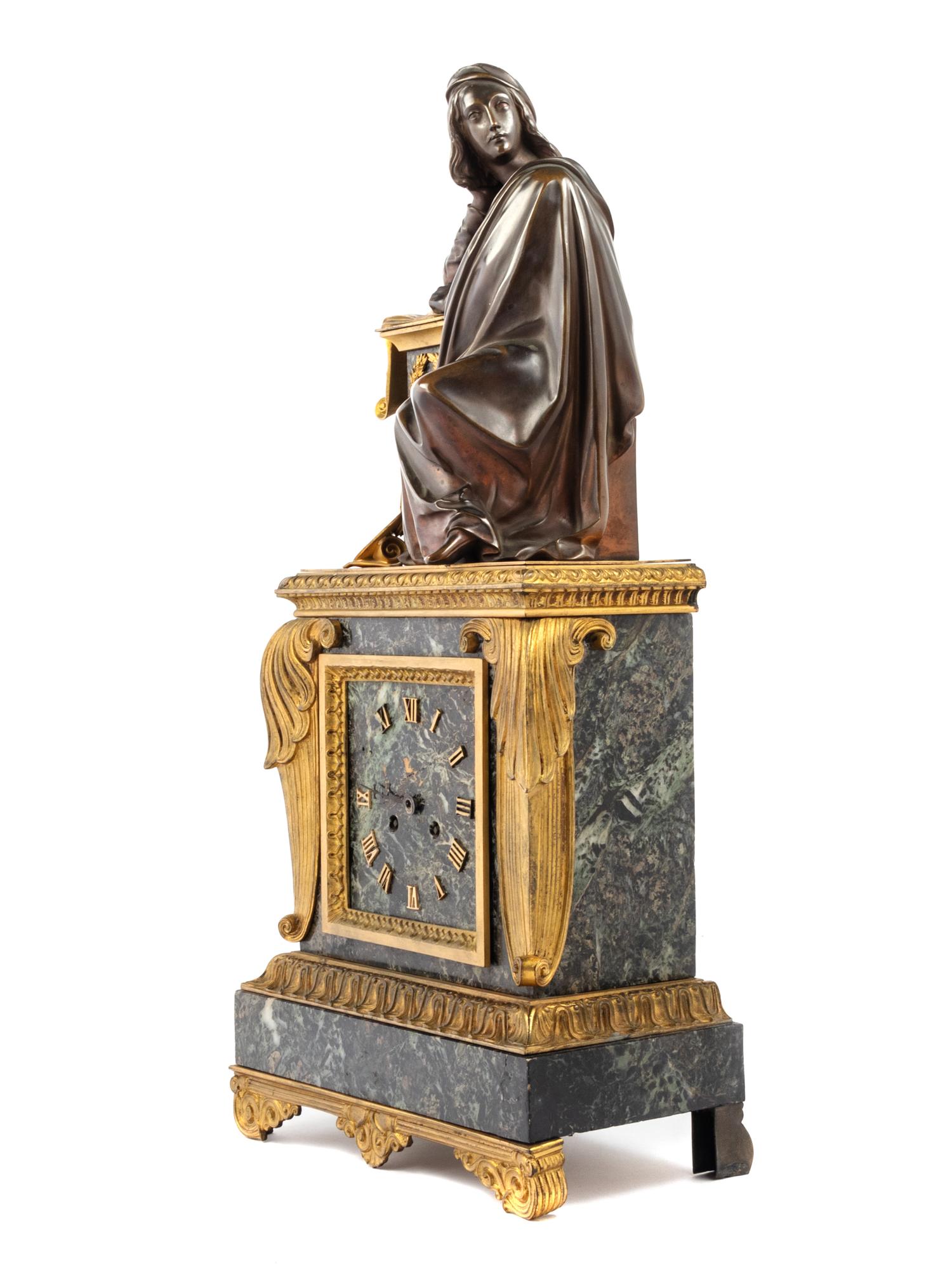 A Louis Philippe Verde Antico Marble, Gilt and Patinated Bronze Figural Mantel Clock