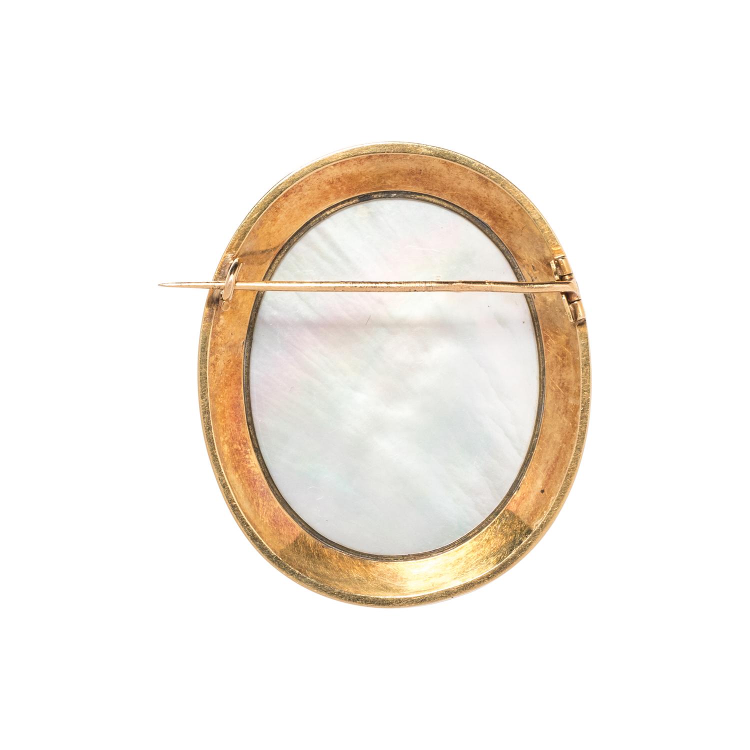 FRENCH, YELLOW GOLD AND SEED PEARL PORTRAIT BROOCH