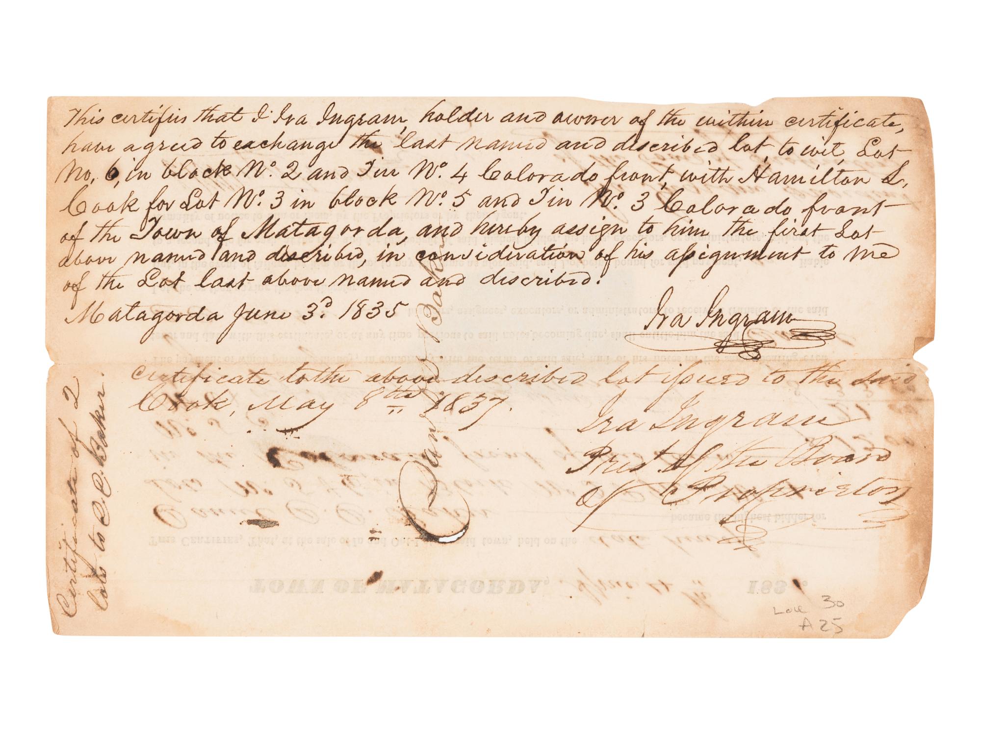 [MATAGORDA PROPRIETORS]. Partly printed document accomplished in manuscript. A land deed signed by two of the proprietors, both Old Three Hundreds, Ira Ingram and Elias Wightman. [San Felipe de Austin: Printed by G.B. Cotten, 1830 or early 1831].