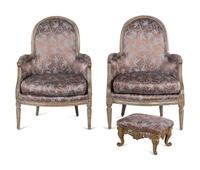 A Pair of Louis XVI Gray-Painted Bergères and a Gilt Iron Foot Stool