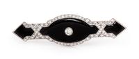 An Art Deco Platinum, Onyx and Diamond Bar Brooch, 6.40 dwts.