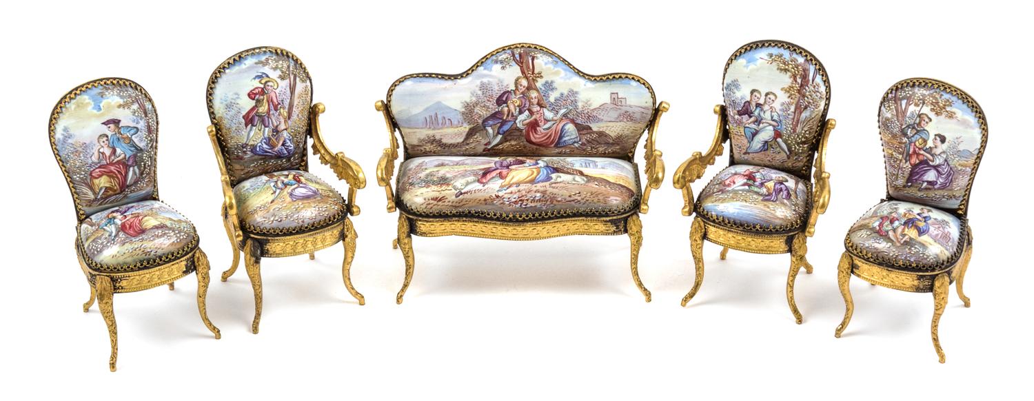 An Austrian Enameled Diminutive Parlor Set Width of first 3 1/4 inches. — 19TH/20TH CENTURY