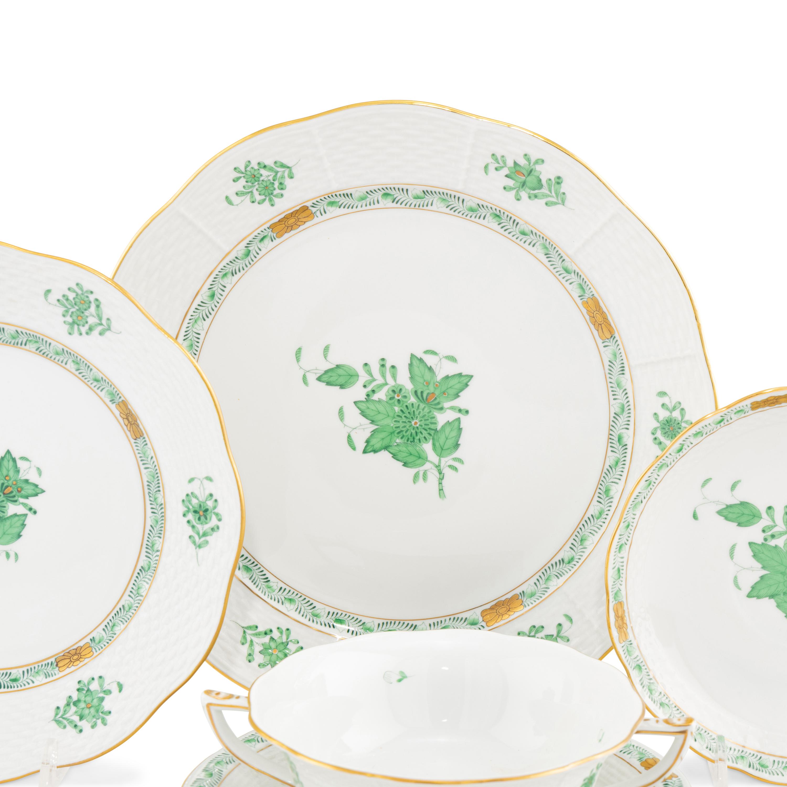 A Herend Chinese Bouquet Green Porcelain Dinner Service