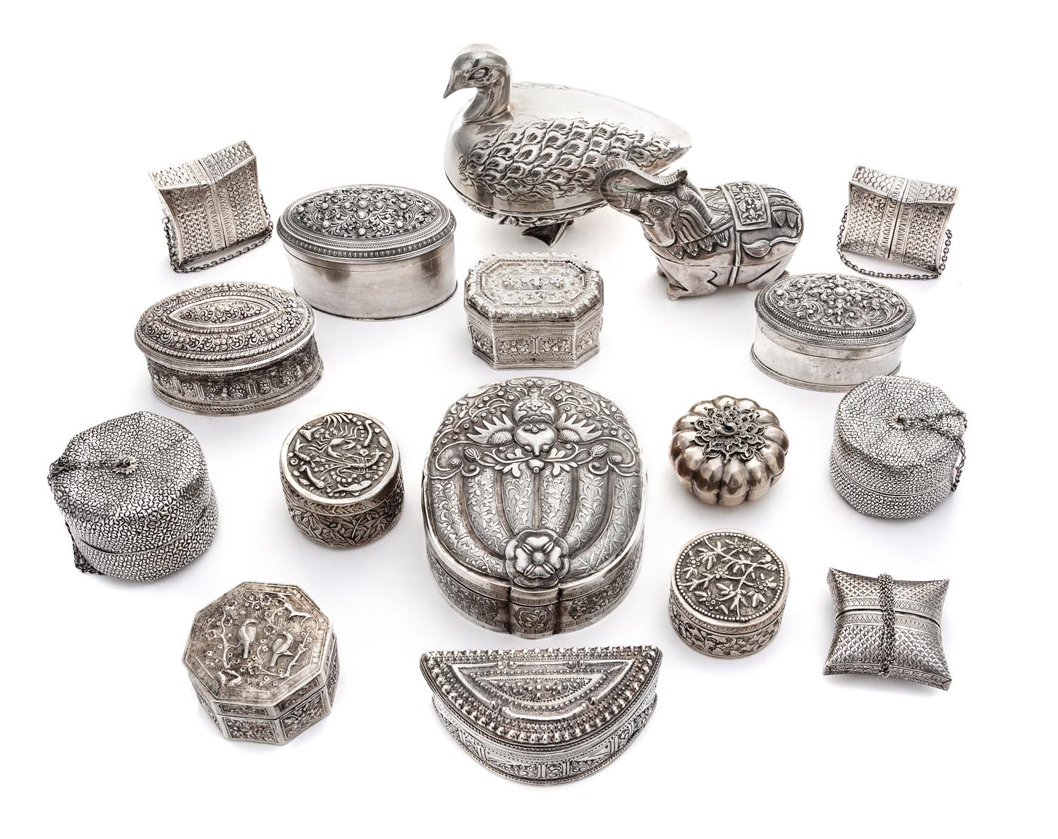 A Group of Seventeen Silver Boxes, Chinese, Indian and Persian, 19th Century and Later, comprising three Chinese export silver examples