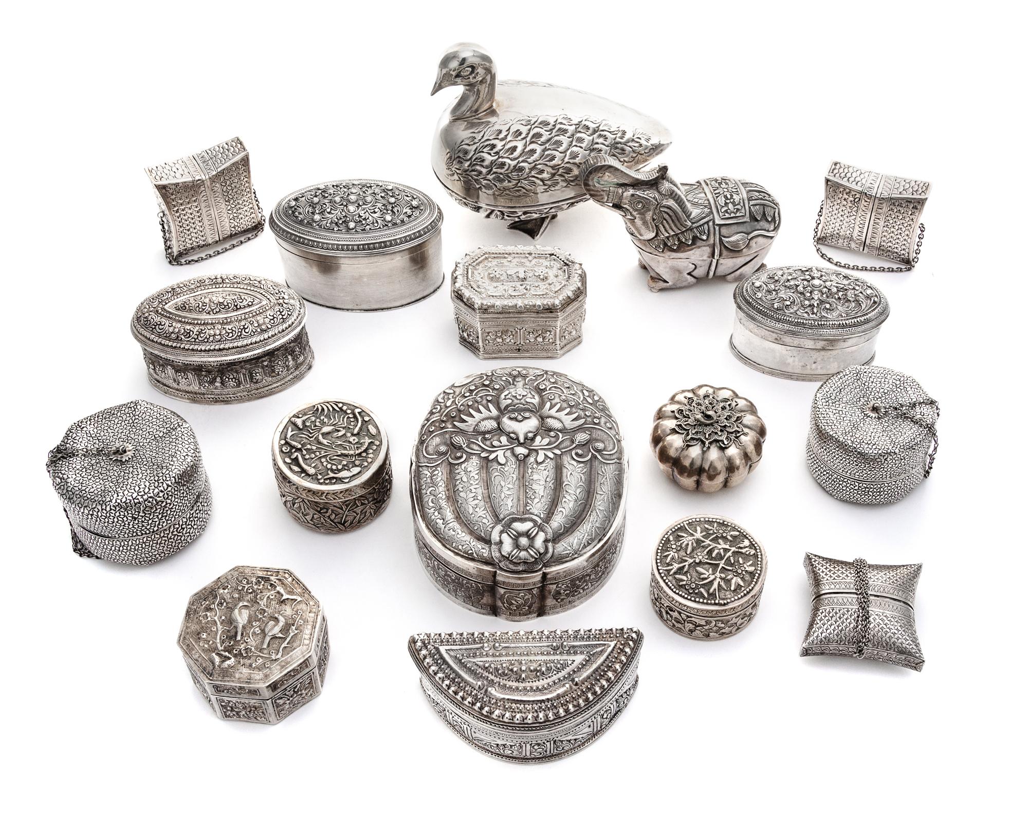 A Group of Seventeen Silver Boxes, Chinese, Indian and Persian, 19th Century and Later, comprising three Chinese export silver examples