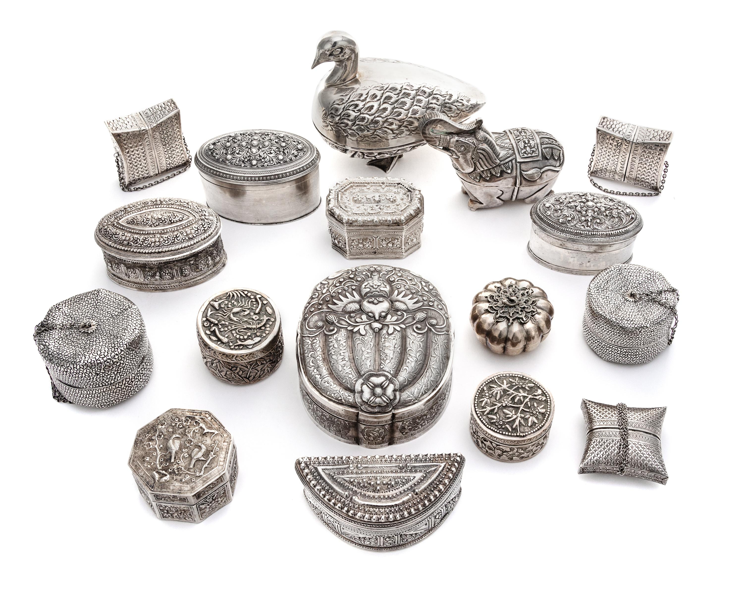 A Group of Seventeen Silver Boxes, Chinese, Indian and Persian, 19th Century and Later, comprising three Chinese export silver examples