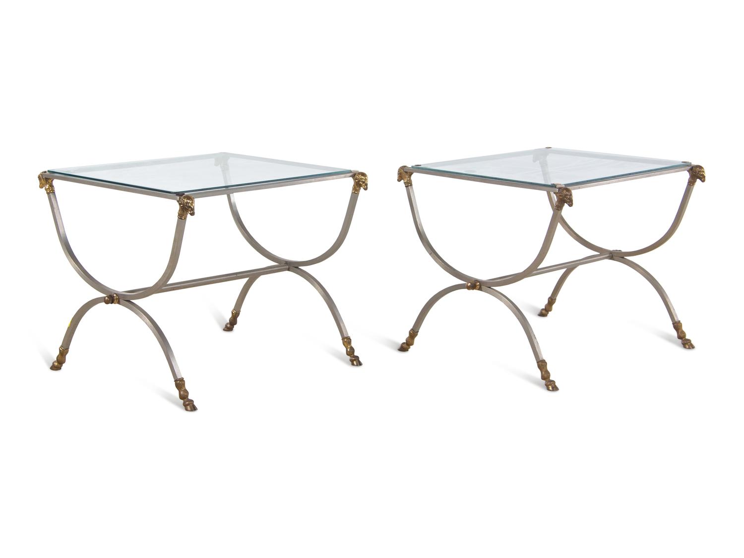 A Pair of Steel and Brass Side Tables in the Style of Maison Jansen