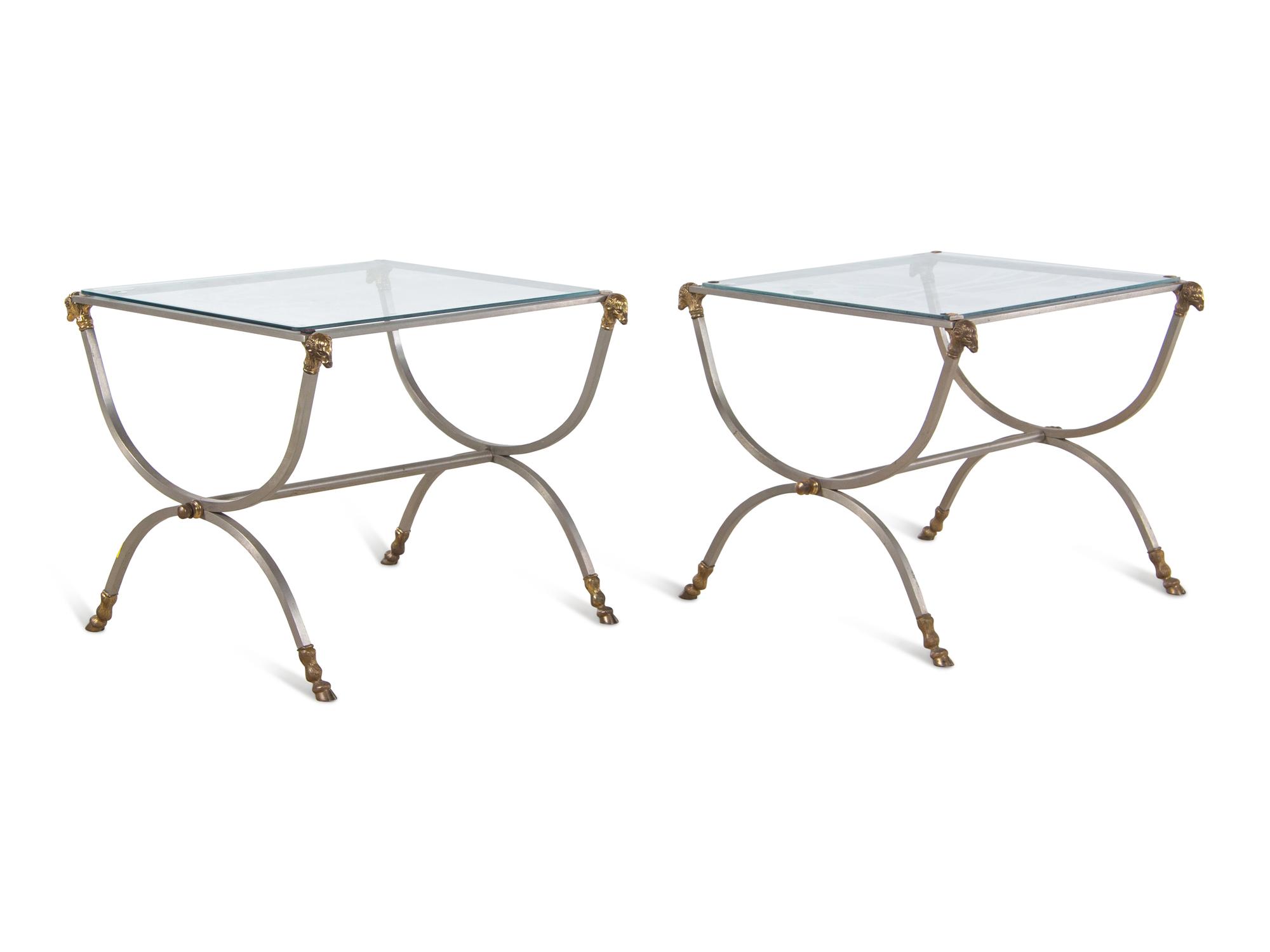 A Pair of Steel and Brass Side Tables in the Style of Maison Jansen
