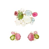 YELLOW GOLD AND MULTIGEM BROOCH AND EARRINGS