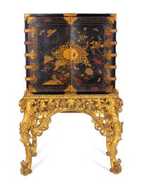 A Chinese Brass-Mounted Gilt-Decorated Black Lacquer Cabinet on Later Giltwood Stand — 18TH/19TH CENTURY