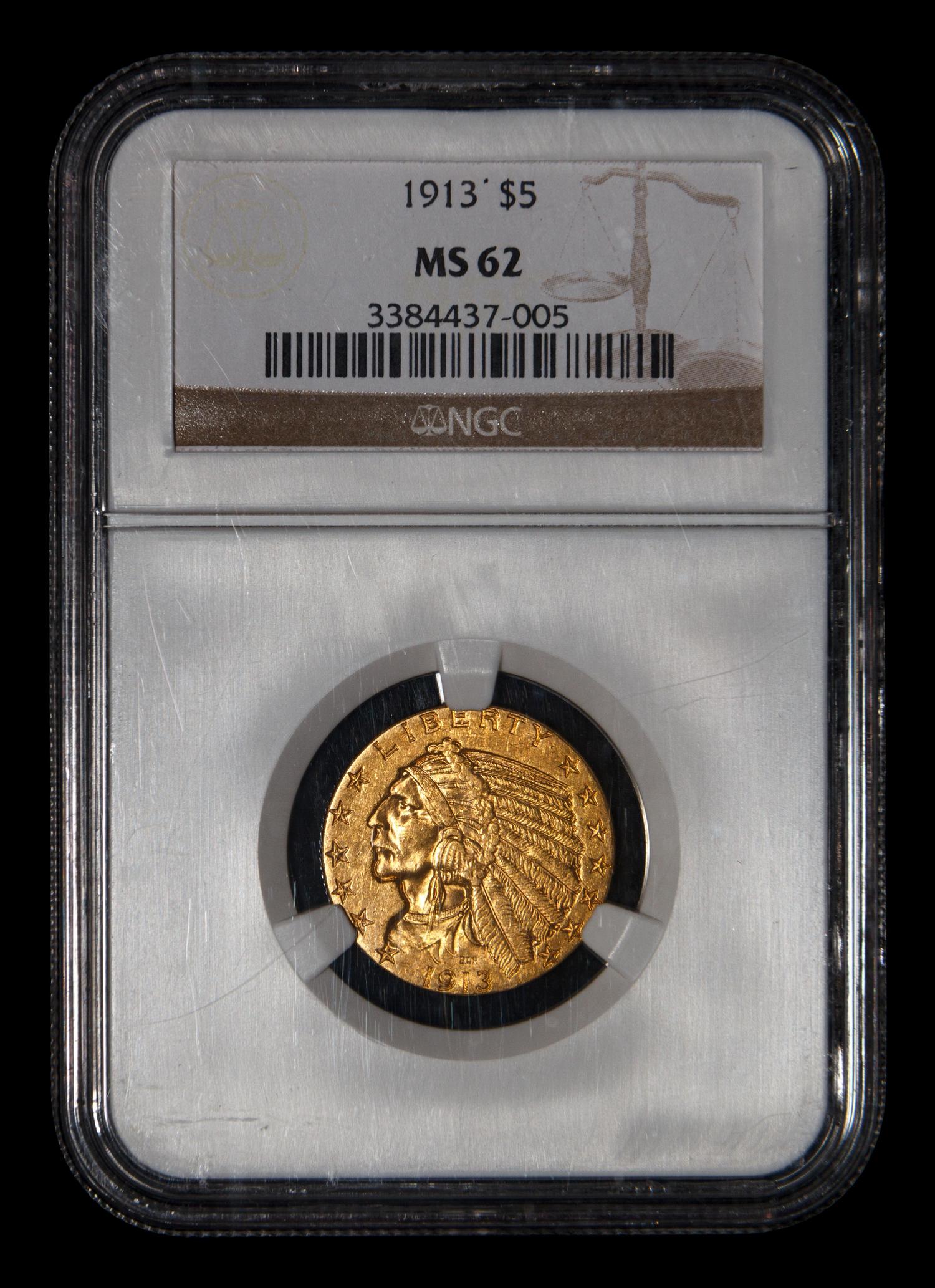 A 1913 Indian Head $5 Gold Coin (NGC MS62)