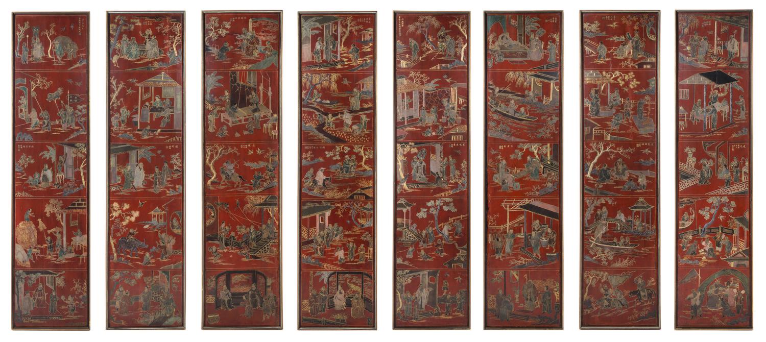 A Ten-Panel Carved Red Lacquered Floor Screen Height 77 x width of each panel 18 inches. — 19TH CENTURY