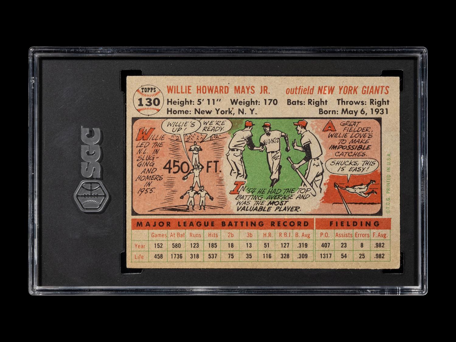 A 1956 Topps Willie Mays Gray Back Baseball Card No. 130 (SGC 6 EX/NM)