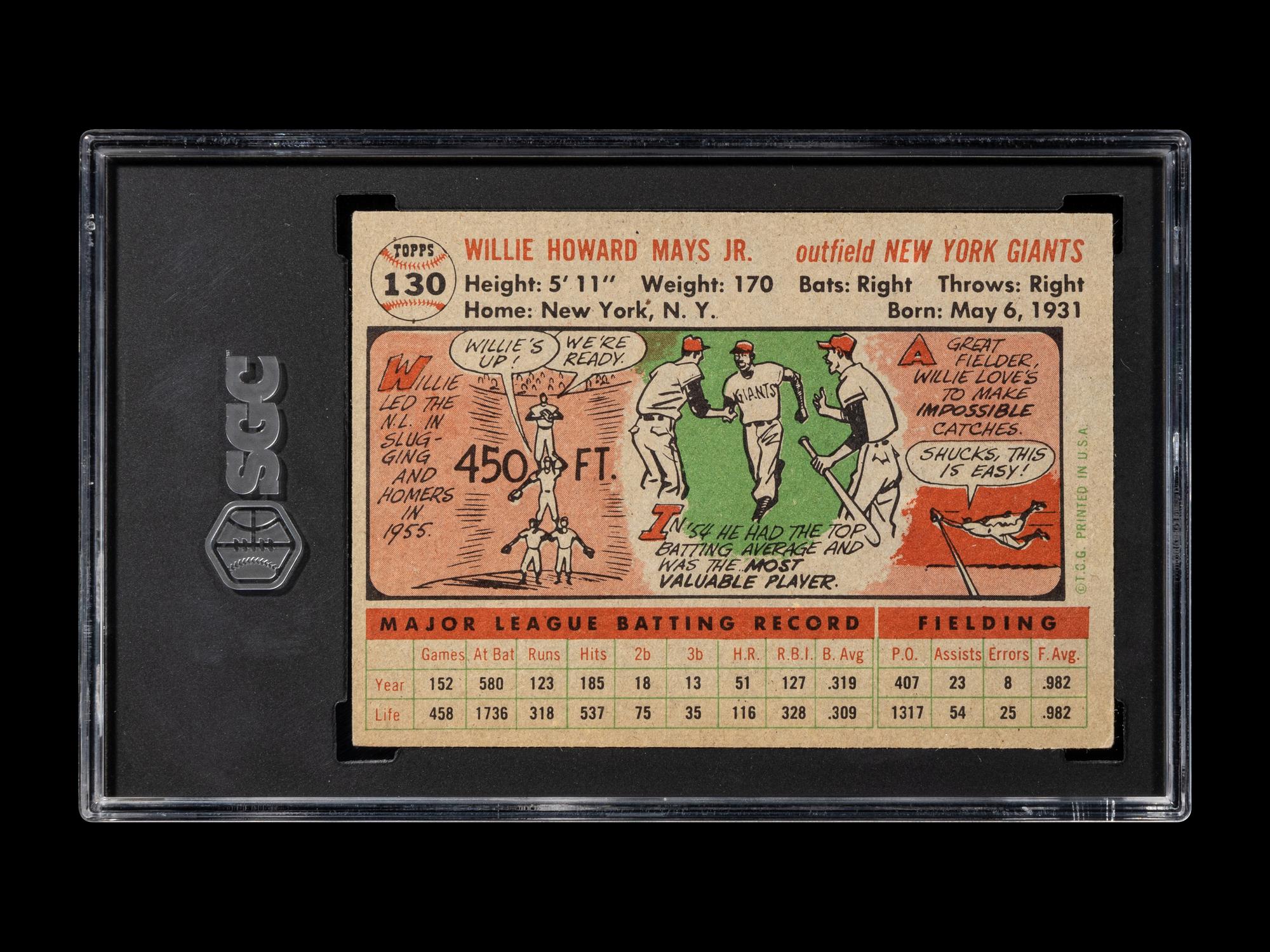 A 1956 Topps Willie Mays Gray Back Baseball Card No. 130 (SGC 6 EX/NM)