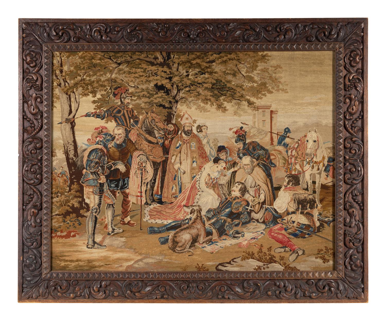 A Continental Needlepoint Panel in a Carved Oak Frame