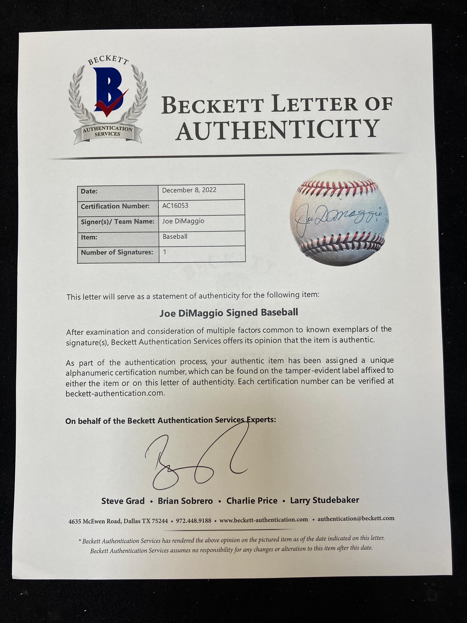 A Joe DiMaggio Single Signed Autograph Limited Edition Baseball (Beckett Authentication Services Letter),