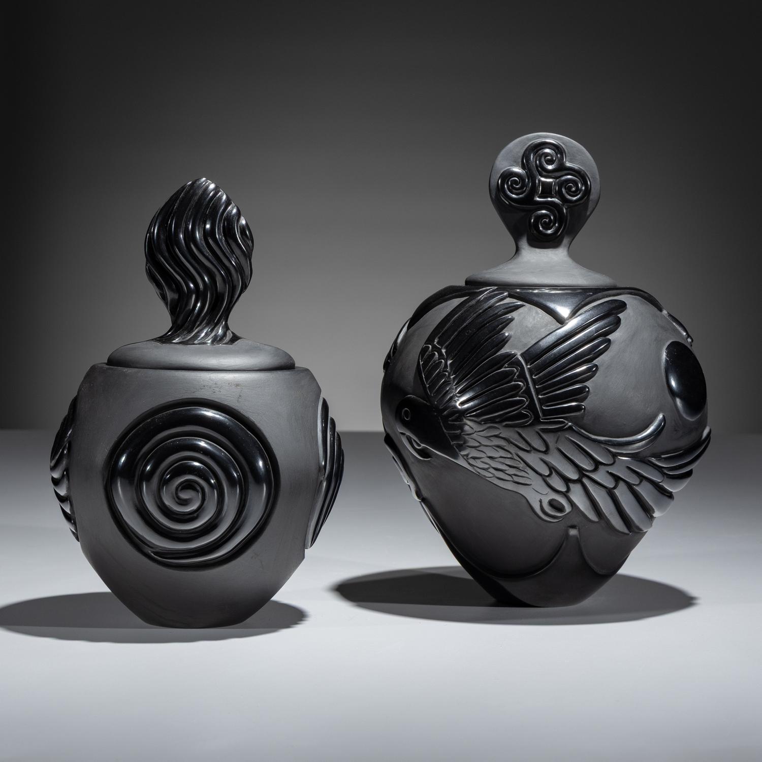 Carved Blackware Pottery Vases, Macaws and Swirls